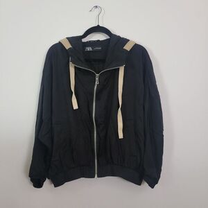 Zara Bomber Jacket‎ Womens Medium Black Tan Hooded Full Zip Oversized Gorpcore